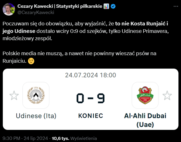 Udinese PRZEGRAŁO 0:9 z klubem z ZEA, ale TO PRIMAVERA!